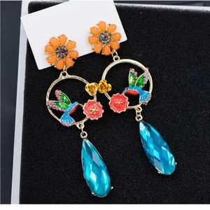 Stunning Flower Water Drop Hummingbird Bird Long Earrings